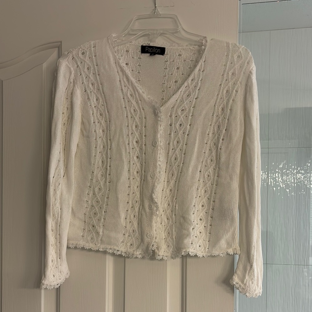 Papillon Y2K White Cotton Open Knit Pointelle Open Cardigan Cropped lace Trim